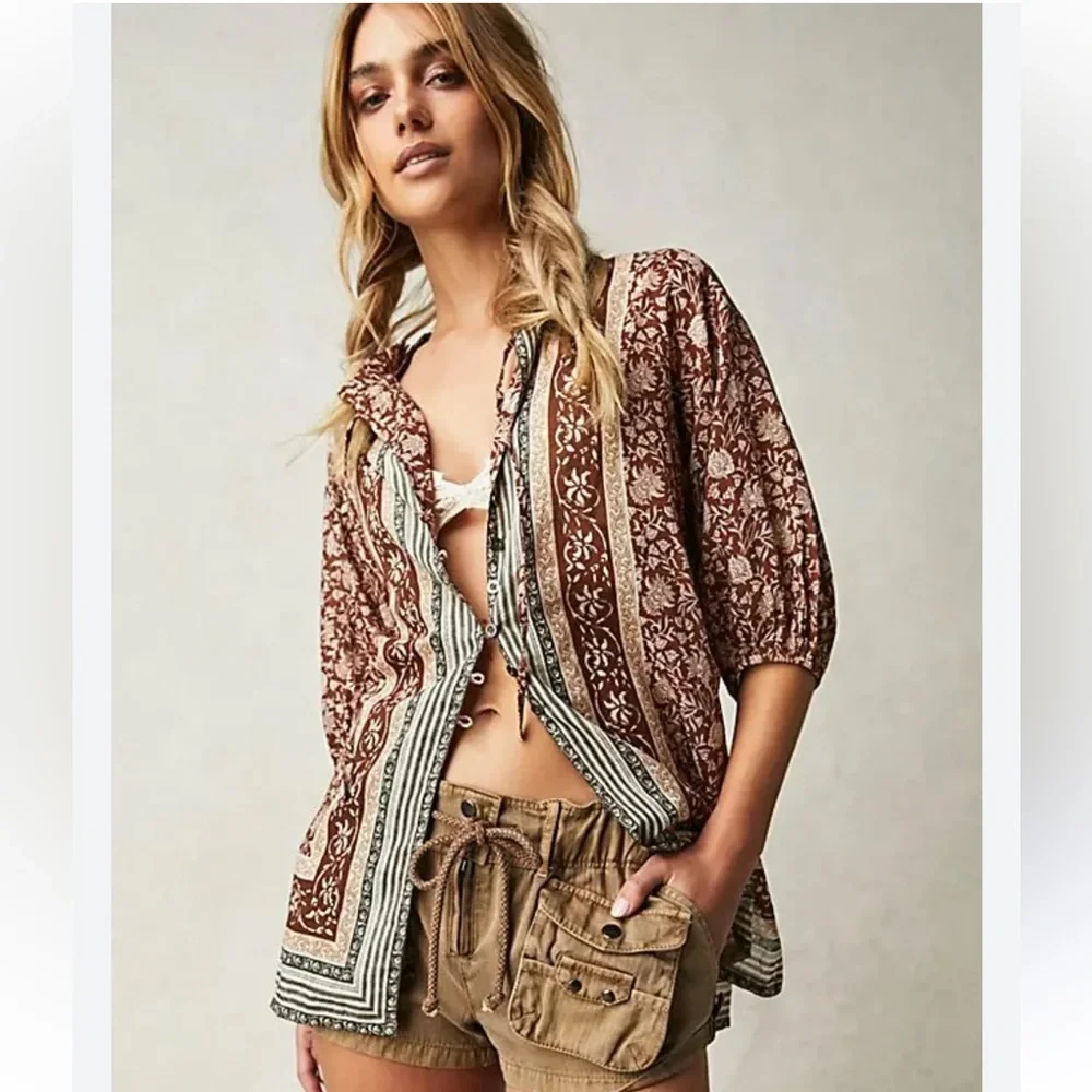 FREE PEOPLE We The Free Batik Border Bohemian Brown Floral Women's Top